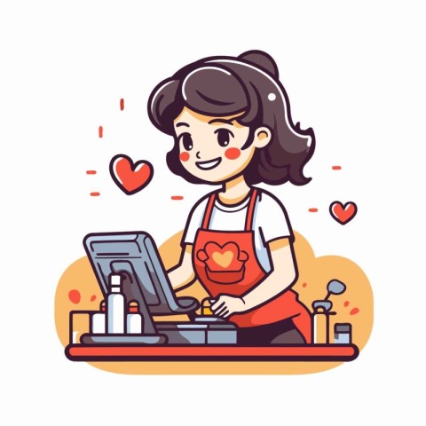 Cute girl in apron working on a laptop. Vector illustration