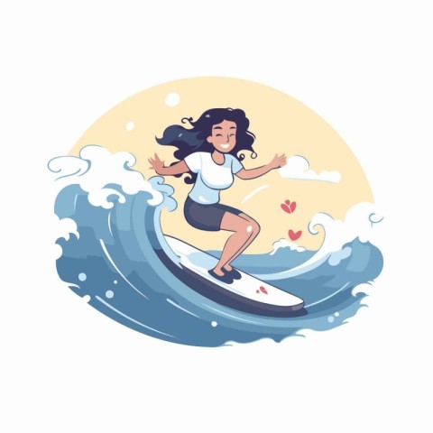 Surfer girl riding a wave. Vector illustration in cartoon style.