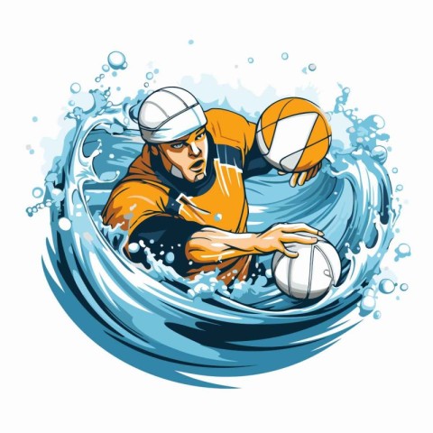 Water polo player on the wave. Vector illustration in cartoon st