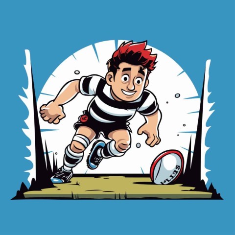 Rugby player in action. Vector illustration in cartoon style.