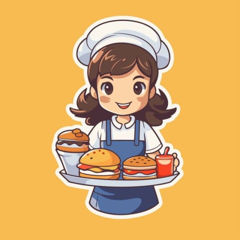 Cute little chef girl with hamburger. Vector illustration in car