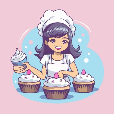 Girl chef with cupcakes. Vector illustration in a flat style.