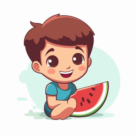 Cute little boy sitting and eating watermelon. Vector illustrati