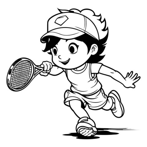 Tennis Player - Black and White Cartoon Illustration of a Kid Pl