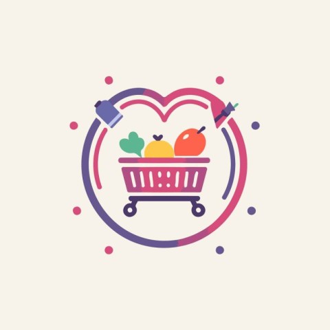 Shopping cart with healthy food icon. Vector illustration in fla