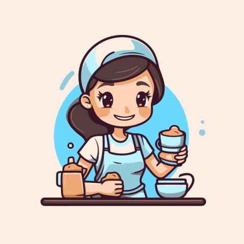 Cute little girl cooking in the kitchen. Vector illustration in