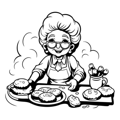 Grandmother baking cookies. Black and white vector illustration