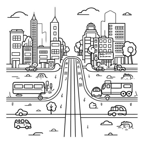 City street with cars. buses and trees. Line art vector illustra