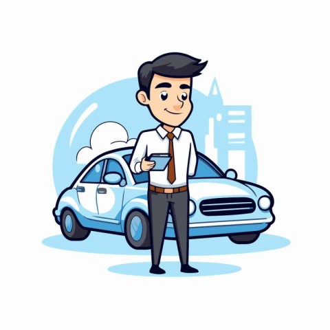 Businessman with car. Vector illustration in cartoon style. Busi