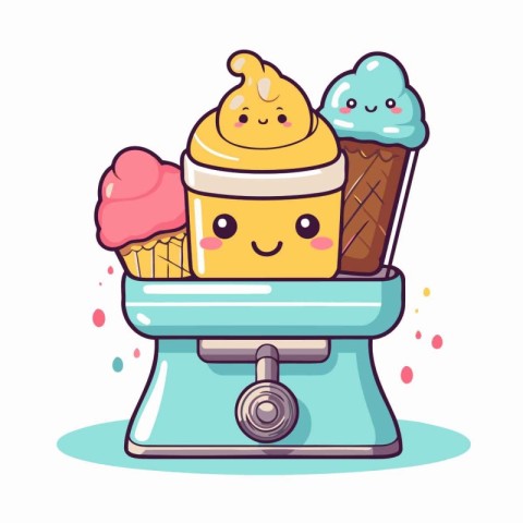 Cute cartoon ice cream machine with ice cream in waffle cone