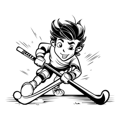 Cartoon hockey player with stick and puck. Vector illustration r