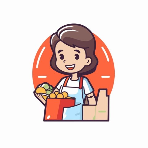 Vector illustration of a girl holding a shopping bag full of fru