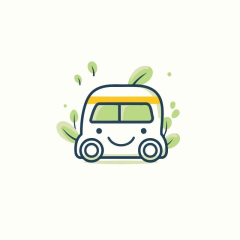 Cute cartoon car with green leaves. Vector illustration in linea