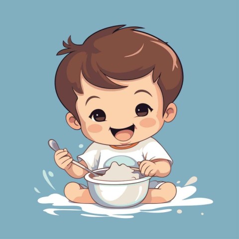 Cute little baby boy playing with a bowl of flour. Vector illust