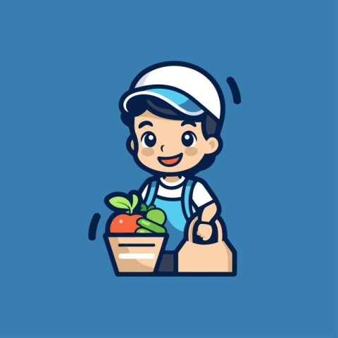 Cute cartoon boy with basket of healthy food. Vector illustratio