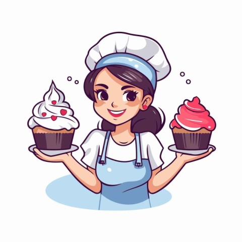 Chef girl with cupcake. Vector illustration in cartoon style.