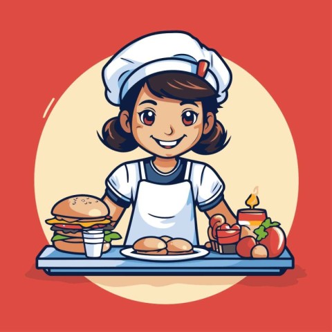 Girl chef with hamburger. Vector illustration of a cartoon chara