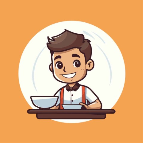 Cute cartoon waiter with a bowl of soup. Vector illustration.