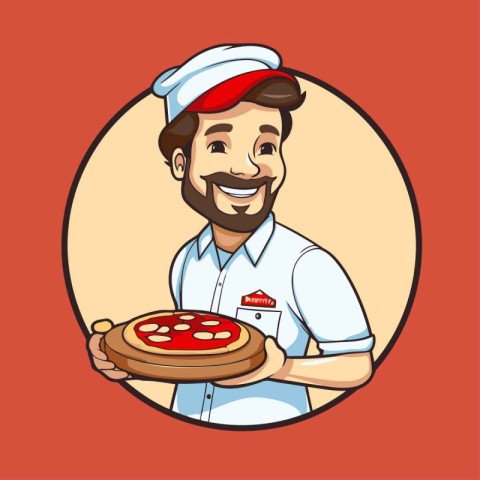 Chef holding pizza. Vector illustration in cartoon style on red