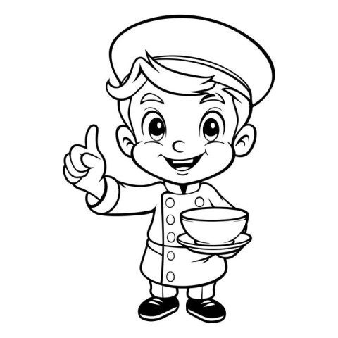 Cartoon chef with a bowl of soup. Vector illustration for colori