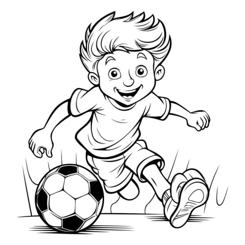 Little Boy Playing Soccer - Black and White Cartoon Illustration