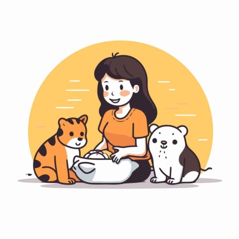 Cute little girl feeding cat and dog at home. Vector illustratio