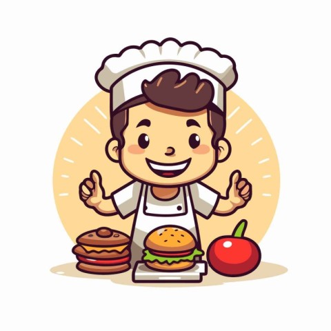 Chef holding hamburger and apple - Cute cartoon character design