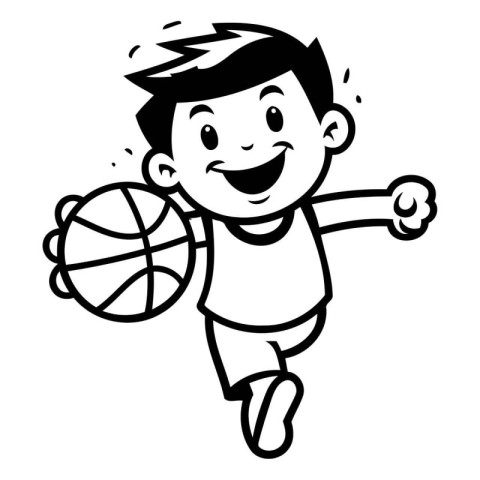 Cartoon Illustration of Kid Boy Playing Basketball Game Coloring