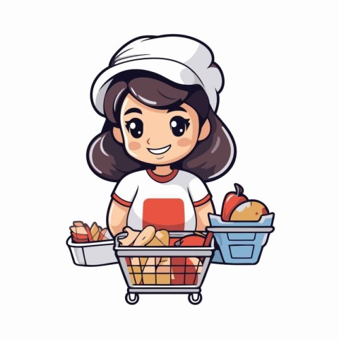 Cute woman with shopping cart full of food. Vector illustration.