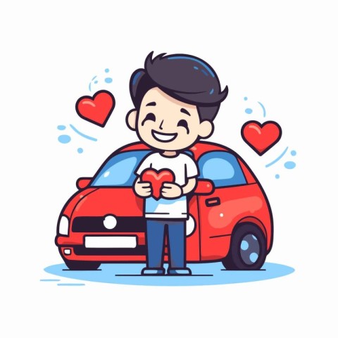 Cute boy holding a red car and holding a heart. Vector illustrat