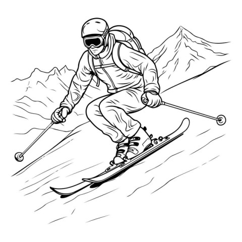 Skier skiing downhill. Vector black and white hand drawn illustr