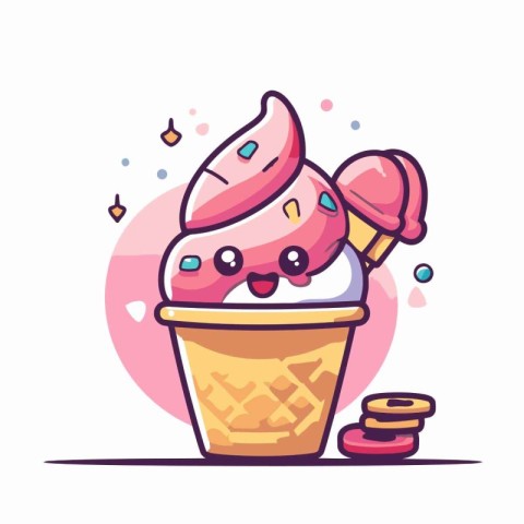 Cute ice cream in a waffle cup. Vector illustration.