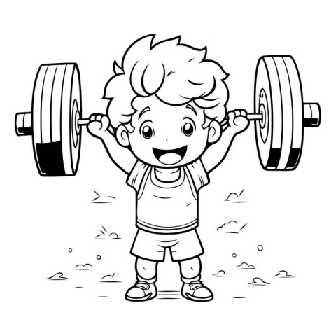 Cartoon little boy lifting a barbell. Vector clip art illustrati