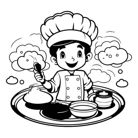 Black and White Cartoon Illustration of Cute Little Boy Chef Coo