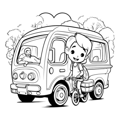 Boy and girl driving a van. black and white vector illustration.