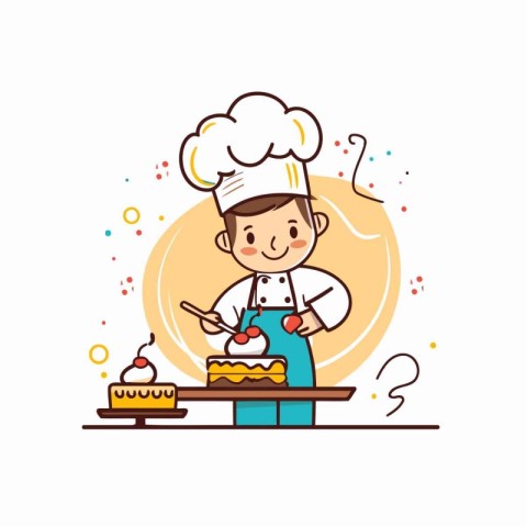 Chef cooking with cake. vector illustration in flat cartoon styl