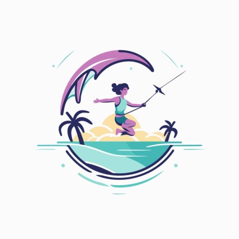 Kitesurfing girl on a tropical island. Vector illustration in fl