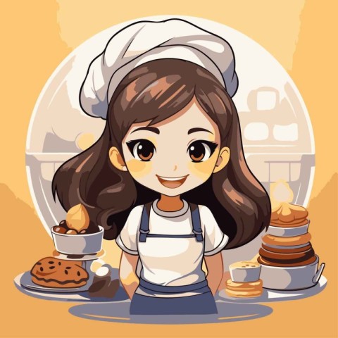 Cute little girl chef with cake and cookies. Vector illustration