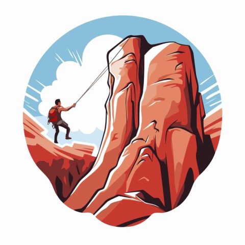 Rock climber climbing on a red cliff. Vector illustration in ret