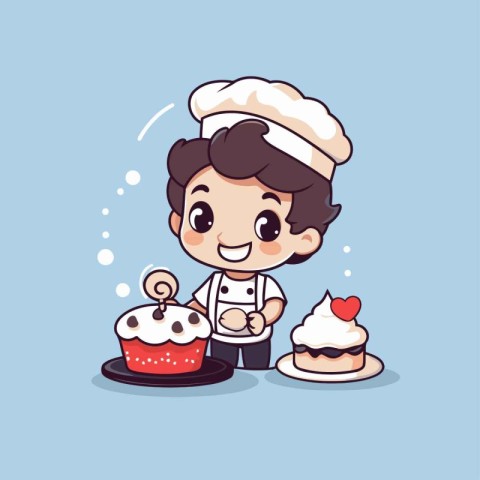 Cute boy chef holding a cake and a cupcake. Vector illustration