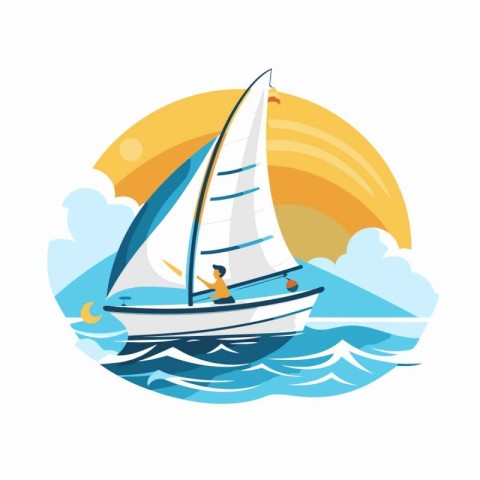 Sailing boat on the sea. Vector illustration in flat style.