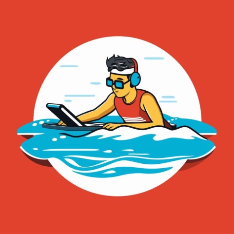 Man in a swimsuit and sunglasses surfing on the waves. Vector il
