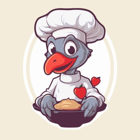 Illustration of a turkey chef holding a plate of food on a white