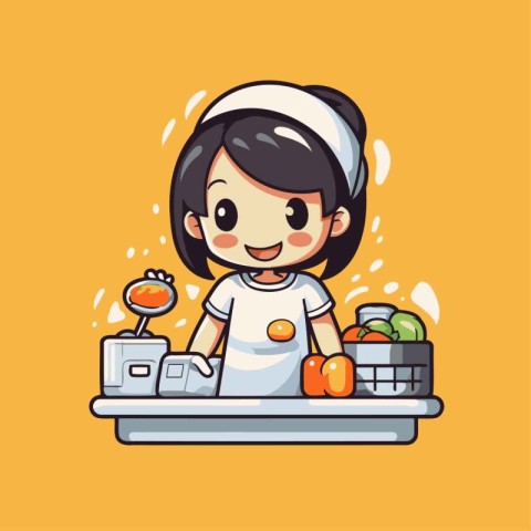 Cute little girl weighing fruits and vegetables on scale. Vector