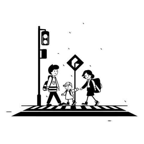 Vector illustration of a family crossing the street. Black and w