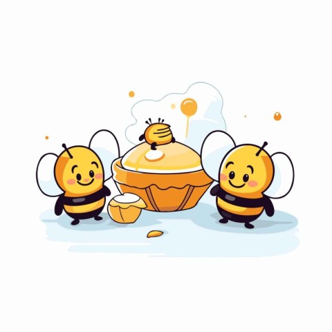 Cute little bees with cupcake. Vector illustration in cartoon st