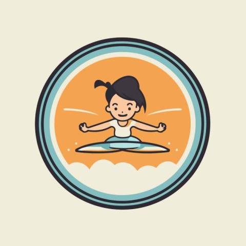 Circular emblem with cartoon surfer girl on surfboard. vector il