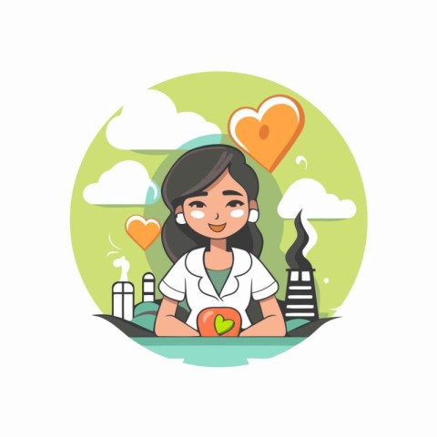 Girl with apple in the hands. Vector illustration in flat style.