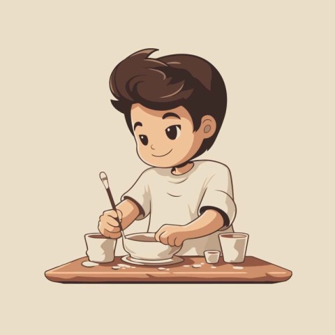 Cute little boy having breakfast. Vector illustration of a boy h