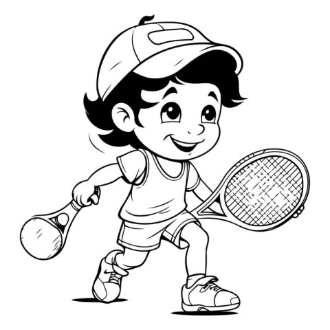 Little boy playing tennis - Black and White Cartoon Illustration